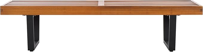 SAFAVIEH Outdoor Patio Furniture Heather Natural Brown Solid Wood & Black Legs 60-inch Steel Bench