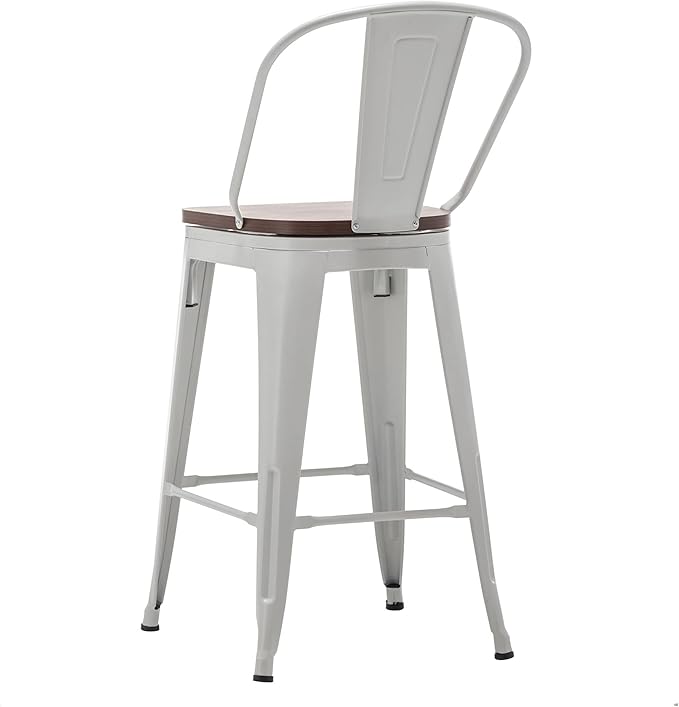 Alunaune 30" Swivel Metal Bar Stools Set of 4 High Back Counter Height Barstools Industrial Dining Bar Chairs with Large Wooden Seat-White