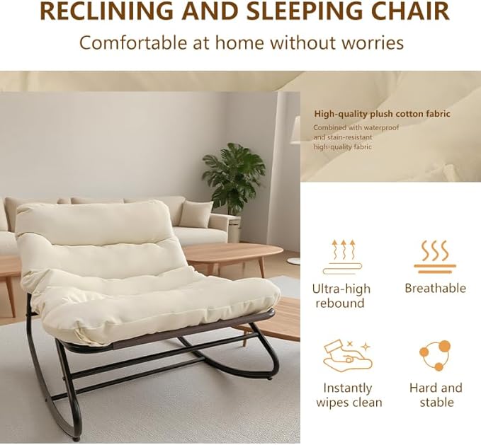 Patio Outdoor Rocking Chair,Oversized Papasan Rocking Chair with Cushion,Lounge Chair Outdoor/Indoor,Supports 450 Lbs,Comfy Chair for Garden/Lawn/Brown/Bedroom/Living Room,White