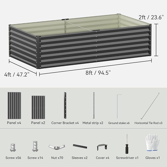 COMHOMA Galvanized Raised Garden Bed,Large Metal Planter Box for Outdoor Vegetables,Corrugated Steel Herbed Plants Container,Extra Deep Gardeners Kits with Open Bottom (1, 8x4x2FT)