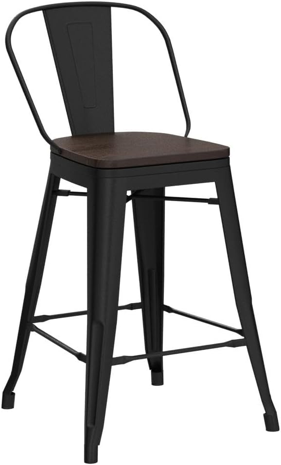 Yongqiang 26 inch Bar Stools Set of 4 Black Metal Counter Height Stools Modern Farmhouse Kitchen Island Barstools Bar Chairs with Large Wooden Seat, High Back