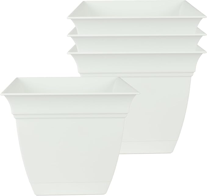 The HC Companies 6 Inch Eclipse Square Planter Pots with Drainage Holes & Attached Saucer, Lightweight UV-Resistant Plastic Indoor Outdoor Planters, 4-Pack Flower Pots for Garden & Home Decor, White
