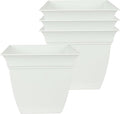 The HC Companies 8 Inch Eclipse Square Planter Pots with Drainage Holes & Attached Saucer, Lightweight UV-Resistant Plastic Indoor Outdoor Planters, 4-Pack Flower Pots for Garden & Home Decor, White