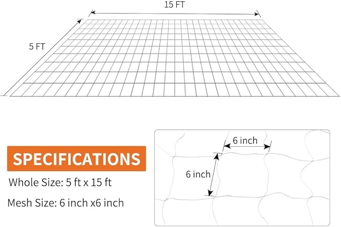 Tcamp Trellis Netting for Climbing Plants Outdoor Indoor (6" Square Mesh Ployester, 5ft x 15ft) (2 Pack)
