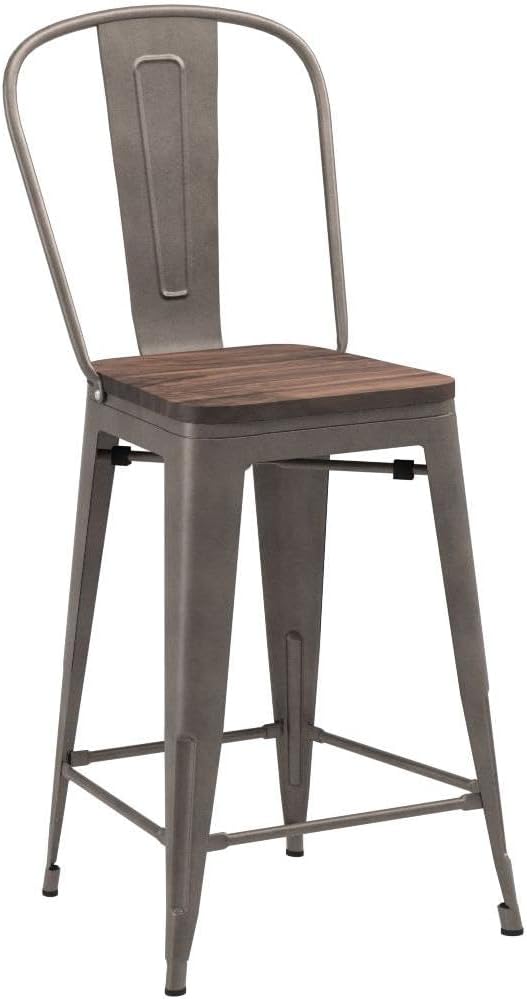Yongqiang 26 inch Bar Stools Set of 4 Kitchen Counter Height Bar Chairs Modern Farmhouse High Back Metal Barstools with Large Wooden Seat Rusty