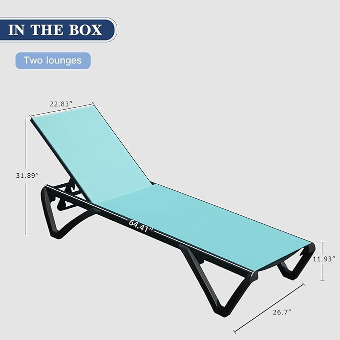 Domi Pool Lounge Chairs Set of 2, Aluminum Adjustable Outdoor Chaise Lounge with Wheels, All Weather Poolside Chairs for Deck Lawn Patio Backyard, Textilene - Turquoise Blue