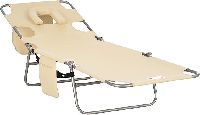 Outsunny Folding Beach Lounge Chair with Face Hole and Arm Slots, 5-Level Adjustable Sun Lounger Tanning Chair with Pillow for Patio, Garden, Beach, Pool, Beige