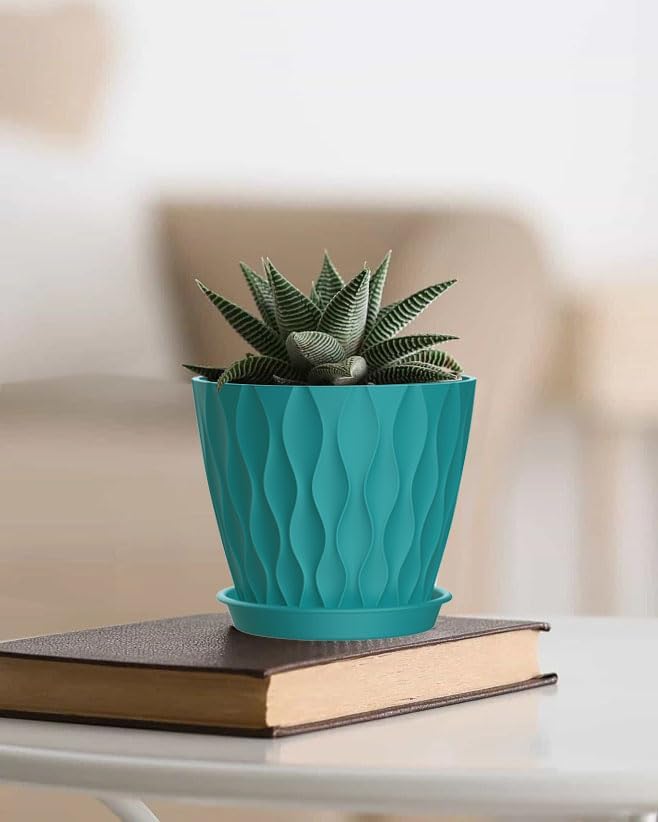 4 Inch Plant Pots, 6 Pack Indoor Flower Pots, Planters with Drainage Holes and Trays for Orchids, Violets, Succulents, Herbs, and Other Plants,Blue-Green