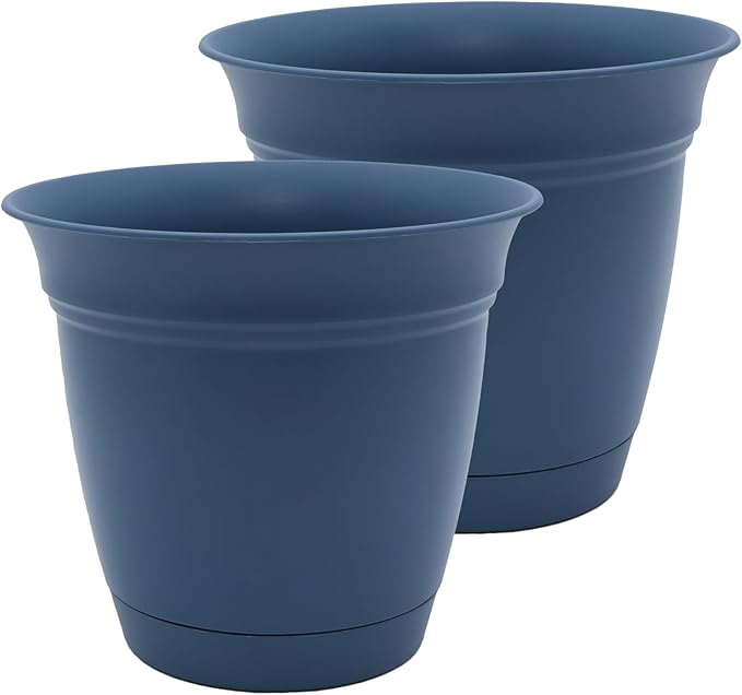 The HC Companies 10 Inch Eclipse Round Planter Pots with Drainage Holes & Attached Saucer, Lightweight UV-Resistant Plastic Indoor & Outdoor Planters, 2-Pack Flower Pots, Garden Home Decor, Slate Blue