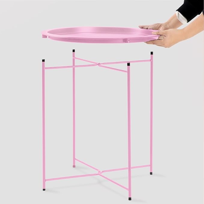 Garden 4 you End Table 2 PCS Metal Side Table Pink Round Folding Tray Cyan Sofa Small Accent Fold-able Table, Round End Table Tray, Next to Sofa Table, Snack Table for Living Room and Bed Room