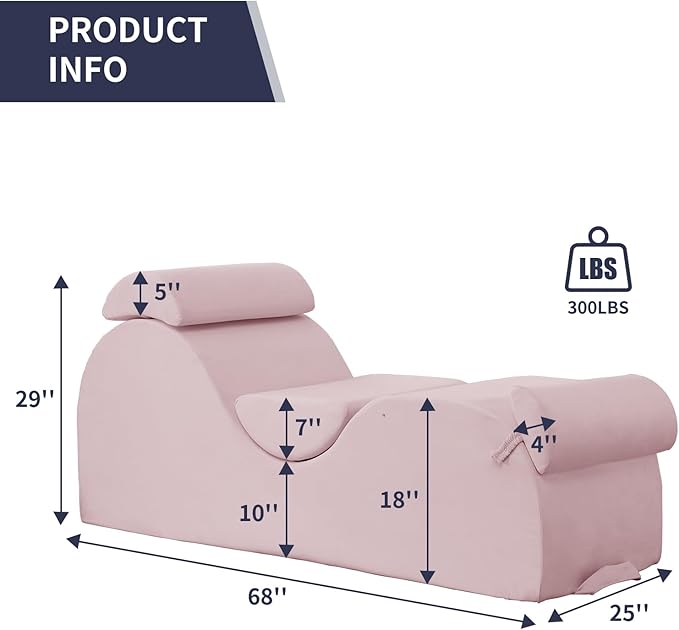ijuicy Sleek Chaise Lounge Chair for Exercise, Indoor Lounger with Headrest, Waist Cushion, Movable Footrest, Side Pockets, Non-Slip Bottom, High Density Sponge, Pink