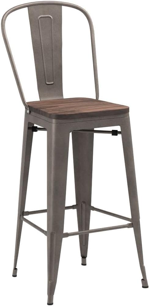 Yongqiang 30 inch Metal Bar Stools Set of 4 Bar Height Stools Kitchen Island Barstools Modern Farmhouse High Back Bar Chairs with Large Wooden Seat Rusty
