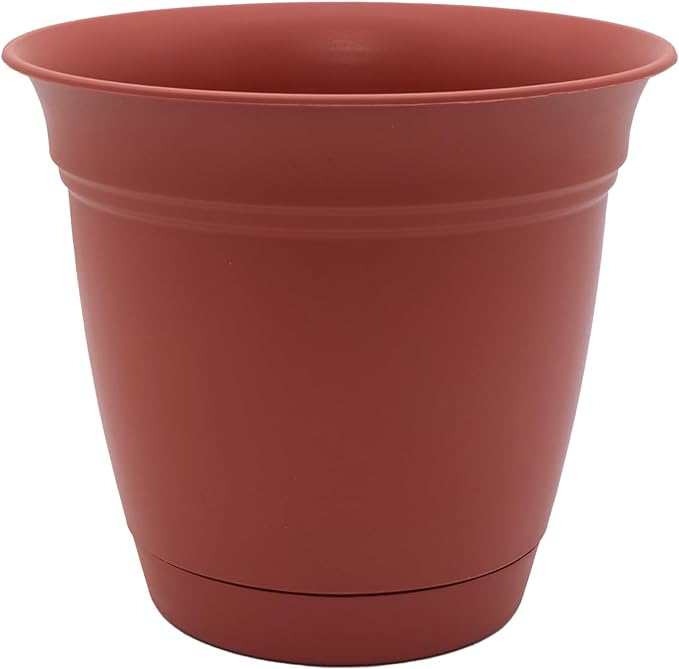The HC Companies Eclipse Round Planter with Saucer - Outdoor & Indoor Plant Pot with Drainage Holes - Lightweight, UV-Resistant Plastic Pots for Plants, Flowers & Herbs (8" Clay, Pack of 1)