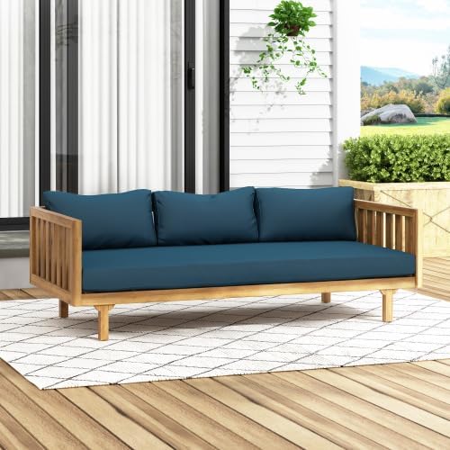 Christopher Knight Home Claremont Patio Sofa and Coffee Table Set, 2 Piece Outdoor Patio Furniture Set with Cushion, Acacia Wood 3 Seater Outdoor Sofa Daybed and Coffee Table Set, Teak+Dark Teal
