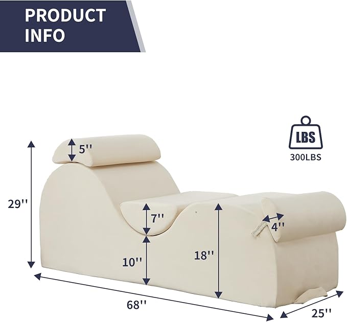 ijuicy Sleek Chaise Lounge Chair for Yoga/Exercise, Indoor Lounger with Headrest, Waist Cushion, Movable Footrest, Side Pockets, Non-Slip Bottom - High Density Sponge, Beige