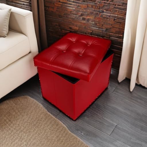 AmasSmile Storage Ottoman Folding Foot Rest Stool, Leather Footstool Bench, Short Ottoman Stool, Storage Foot Rest Store, Books (Red, 17" D x 13" W x 13" H)