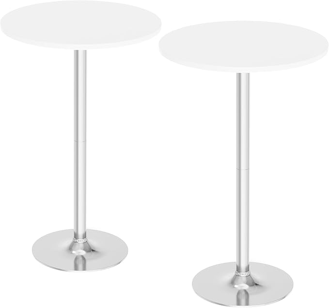 Flamaker Round Bistro Pub Table Modern Style Metal Base MDF Top Cocktail Bar Table Counter Bar Height for Pub, Dining Room, Party (2, White-Silver)