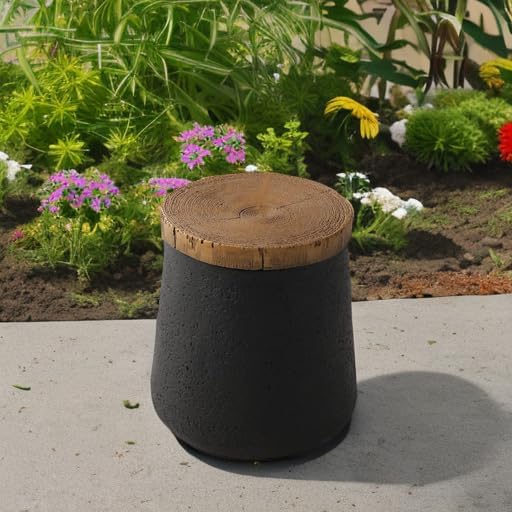 SUNBURY Small Outdoor Side Table, 13" W Black Outdoor End Tables for Patio, Accent Side Table, Garden Stool Wooden-Look Top Concrete for Livingroom Bedroom, Garden, Backyard