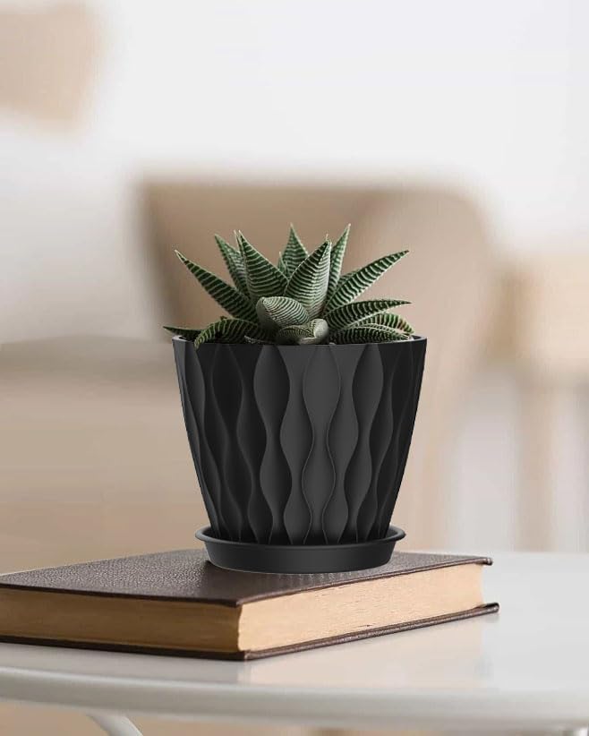 4 Inch Plant Pots, 6 Pack Indoor Flower Pots, Planters with Drainage Holes and Trays for Orchids, Violets, Succulents, Herbs, and Other Plants, Black
