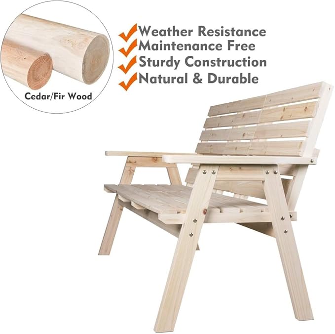 FORTUNO Cedar/Fir Log Wood Patio Garden Bench with Foldable Table, Outdoor Wooden Porch 3-Seat Bench Chair for Garden Balcony Patio Backyard, Natural Finish