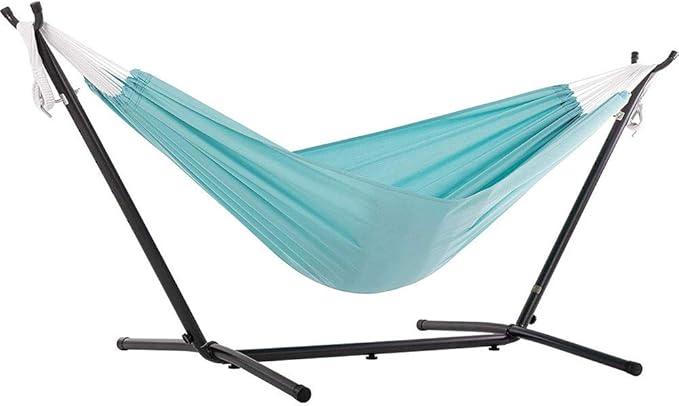 Vivere Double Polyester Hammock with Space Saving Steel Stand and Premium Carry Bag - 450 lb Capacity