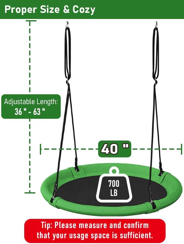 40 Inch Diameter Saucer Tree Swing Set for Kids & Adults, Adjustable Flying Swing Seat for Backyard or Outdoor Playground, Green & Black