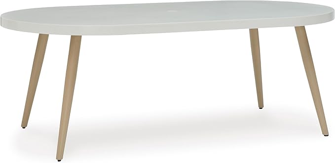Signature Design by Ashley Seton Creek Casual Aluminum Outdoor Dining Table with Umbrella Hole and Cover Cap, White & Light Brown