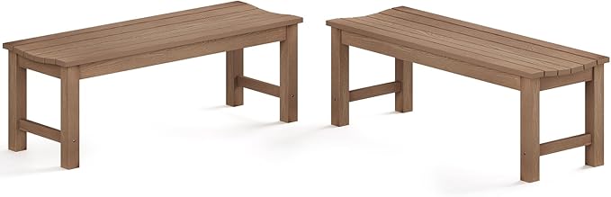 Outdoor Bench Set of 2, 2-Person Patio Backless Benches, HIPS Weatherproof Garden Bench that Never Rot and Fade, Suit for Backyard, Church, Patio, Deck and Entryway (Teak)