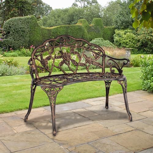 38.5" Outdoor Garden Bench, Patio Furniture Cast Aluminum Outdoor Bench with Rose Backrest, Weather Proof Patio Park Chair with Antique Style for Park, Porch, Pool, Backyard