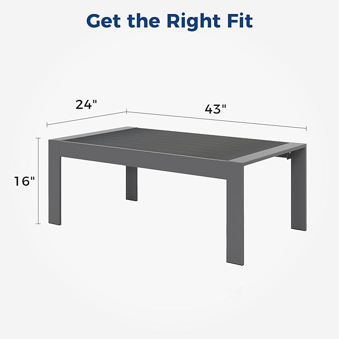 Wisteria Lane Aluminum Outdoor Patio Furniture Coffee Table, All-Weather Outdoor Metal Coffee Table, Modern Rectangle Coffee Table for Balcony, Garden, Dark Grey
