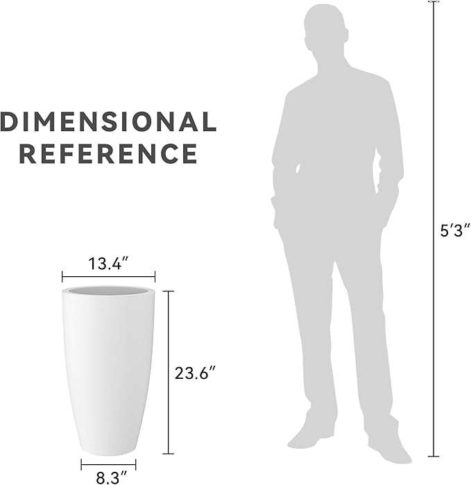 Kante 23.6" H Pure White Concrete Tall Planters (Set of 2), Large Outdoor Indoor Decorative Plant Pots with Drainage Hole and Rubber Plug, Modern Style for Home and Garden