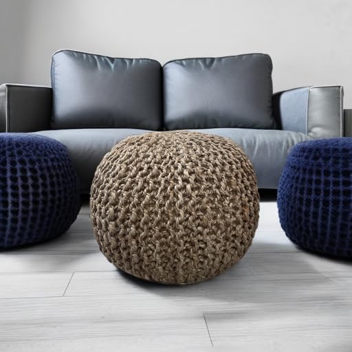 S & L Homes Pouf Ottoman - 100% Natural Jute Braided- Footrest Pouf Hand Knitted - Traditional Cord Boho Pouffe - for The Living Room, Bedroom, Nursery, Patio, Lounge (20" x 20" x 14")