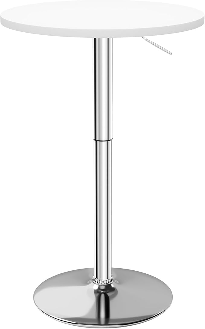 Flamaker Round Bistro Pub Table 23.6 Inch Height Adjustable 360° Swivel Bar Table Metal Base for Pub, Dining Room, Party (1, White-Silver)