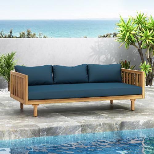 Christopher Knight Home Claremont Patio Sofa and Coffee Table Set, 2 Piece Outdoor Patio Furniture Set with Cushion, Acacia Wood 3 Seater Outdoor Sofa Daybed and Coffee Table Set, Teak+Dark Teal