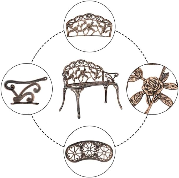 38.5" Outdoor Garden Bench, Patio Furniture Cast Aluminum Outdoor Bench with Rose Backrest, Weather Proof Patio Park Chair with Antique Style for Park, Porch, Pool, Backyard