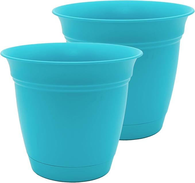 The HC Companies 20 Inch Eclipse Round Planter Pots with Drainage Holes & Attached Saucer, Lightweight UV-Resistant Plastic Indoor & Outdoor Planters, 2-Pack Flower Pots for Garden & Home Decor, Teal