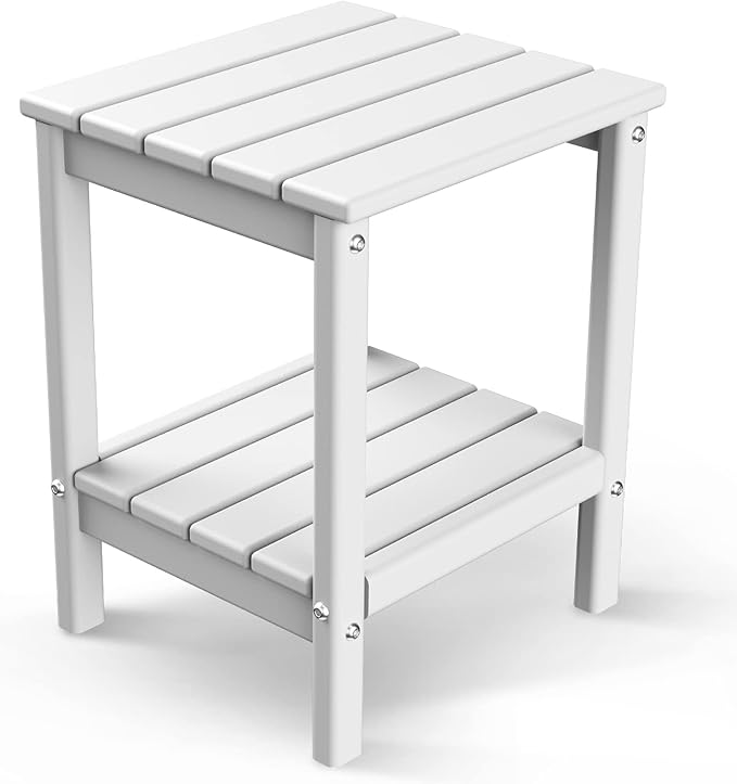 GREENVINES Adirondack-Outdoor-Side-Table | 14 x 13 Inches | HDPE Plastic | All Weather | White | Outside End Tables | Storage Shelf | for Patio Porch Backyard Indoor