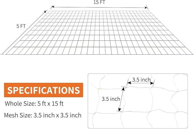 Tcamp Garden Trellis Netting for Plants (5Ft x15Ft, 3.5" Square Mesh Ployester, 2Pack)