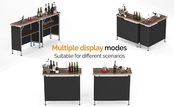 VINGLI Portable Bar Table, 2-Tier Shelves, Mobile Bar Table for Events, Party, Camping, Picnic, Tradeshow, Indoor with Black Skirt, 39 "L x 34" H