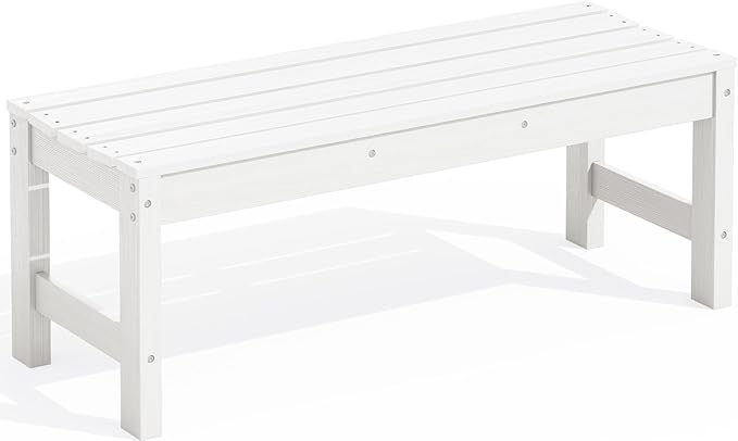 SERWALL 47 Inches Outdoor Bench, All Weather HDPE Backless Bench with Wood Grain Texture for Garden Porch and Park, Curved Bench Seat for Comfort, White