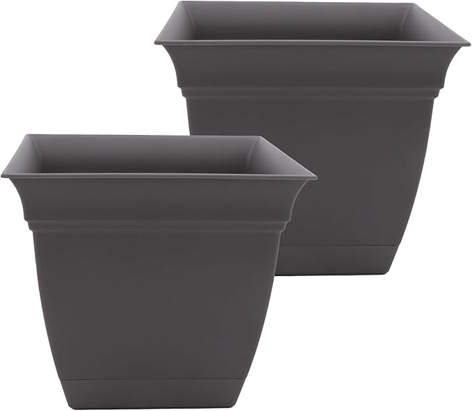 The HC Companies 10 Inch Eclipse Square Planter Pots with Drainage Holes & Attached Saucer, Lightweight UV-Resistant Plastic Indoor Outdoor Planters, 2-Pack Flower Pots, Garden Home Decor, Warm Gray
