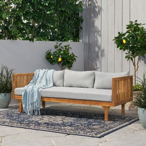 Christopher Knight Home Claremont Patio Sofa and Coffee Table Set, 2 Piece Outdoor Patio Furniture Set with Cushion, Acacia Wood 3 Seater Outdoor Sofa Daybed and Coffee Table Set, Teak+Light Grey