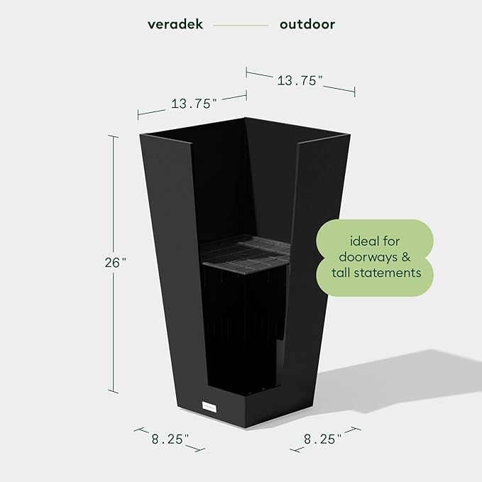 Veradek V-Resin Indoor/Outdoor Taper Planter (Black, 26 inch - 2 Pack with 2 Saucer Trays)