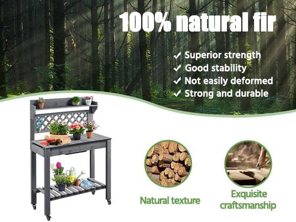 Yaheetech Potting Bench Table Outdoor Garden Potting Table Wooden Workstation w/Sliding Tabletop Removable Sink w/Storage Shelf Flower Pot Bench Mobile Garden Potting Bench Gray
