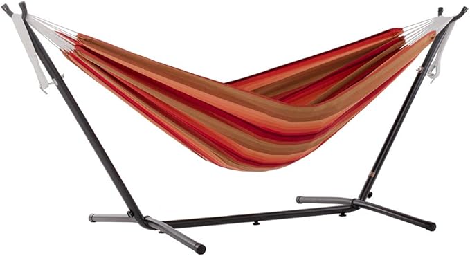 Vivere Brazilian Style Sunbrella Double Hammock with Steel Stand Combo, Sunset
