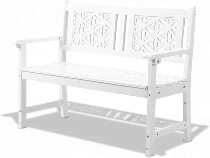 VINGLI 47" Outdoor Wood Bench, All Weather Outdoor Wooden Patio Garden Bench, Outside Loveseat 660lbs Capacity for Front Porch Park Entryway (White)