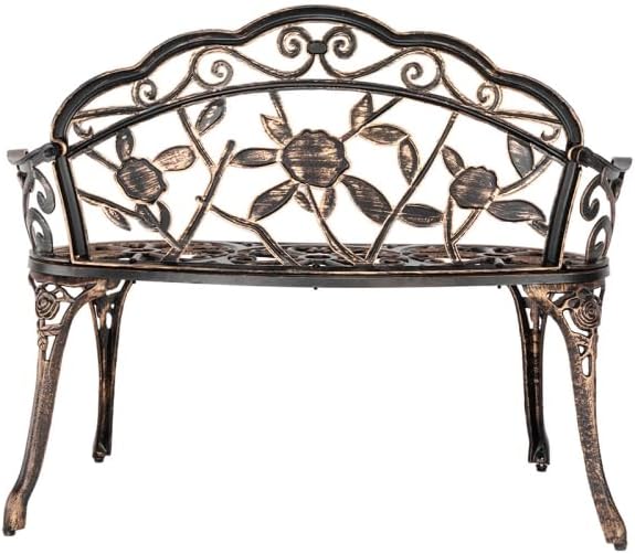 38.5" Outdoor Garden Bench, Patio Furniture Cast Aluminum Outdoor Bench with Rose Backrest, Weather Proof Patio Park Chair with Antique Style for Park, Porch, Pool, Backyard