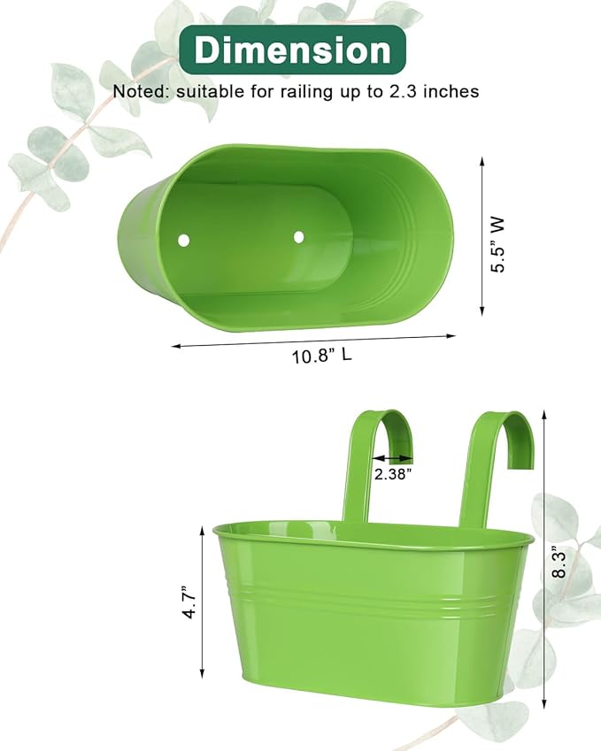 Railing planter box - 3 Pack Metal Hanging Flower Pots with Detachable Hooks & Drainage Holes, Window Oval Bucket Fence Hanging Planters for Outdoor Plants Garden Balcony Home Decor, Green Orange Blue
