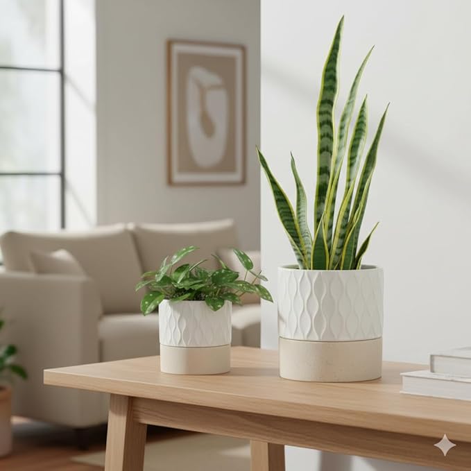 Nihow Self Watering Plant Pot for Indoor Plants: 6 Inch Ceramic Planter with Drainage Hole & Water Storage Plus - Cylinder Flower Pot with Wick for Herbs - Cream White & Brown Net