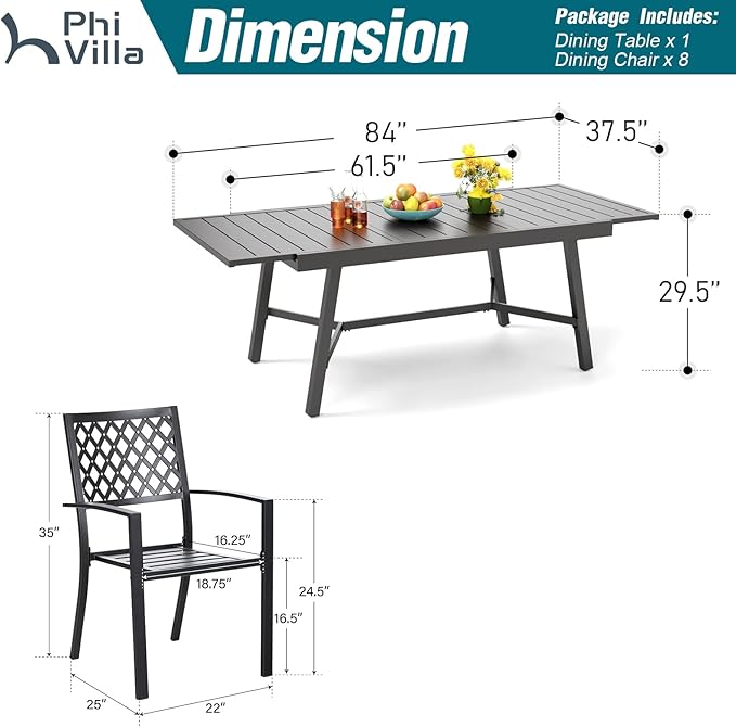 PHI VILLA 9 Pieces Outdoor Dining Set for 8, 84" Long Expandable Wrought Iron Table & Stackable Metal Chairs, Large Furniture Set for Patio, Deck, Yard, Porch - Black